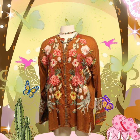 Johnny Was Tops - Johnny Was Dragon Embroidered Button-Down Long Sleeve Blouse